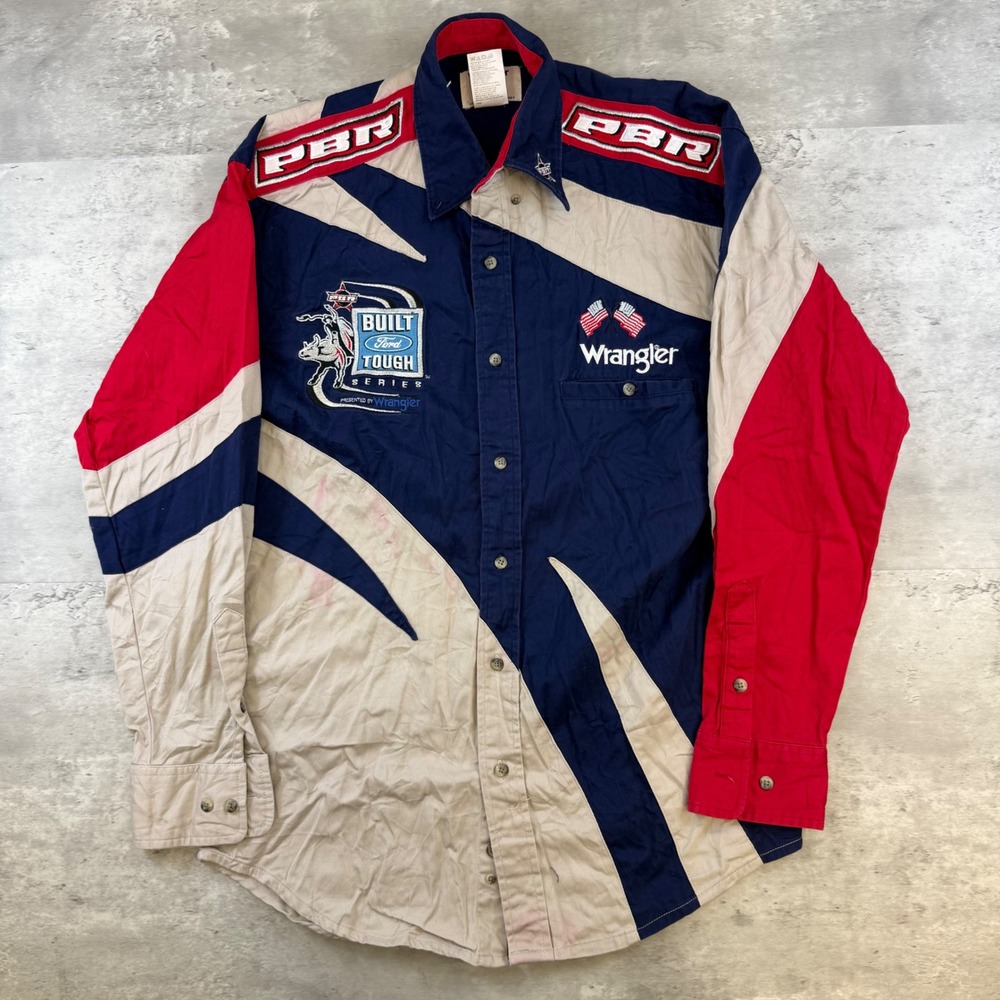 Wrangler PBR Built Ford Tough Series Western Shirt Mens Medium Red White Blue